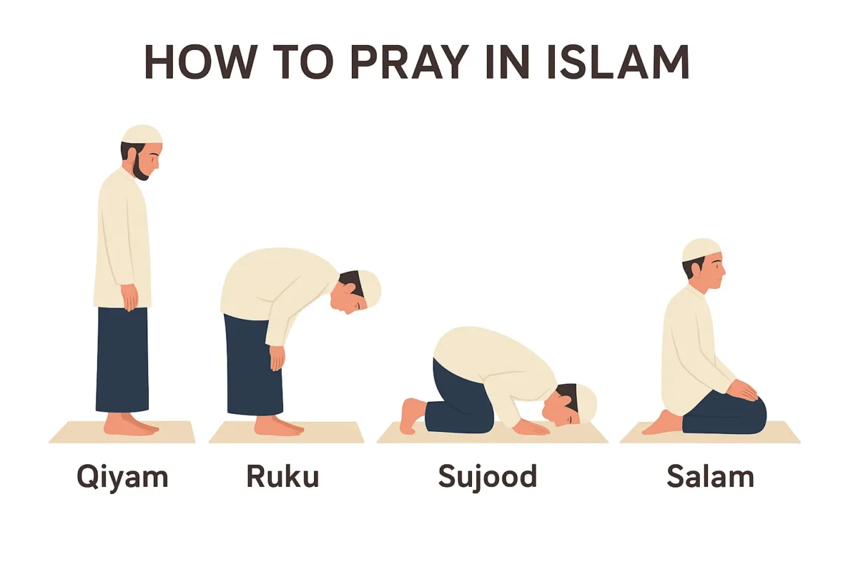 Step by Step on How to Pray in Islam guide showing Qiyam, Ruku, Sujood, and Salam positions in Salah